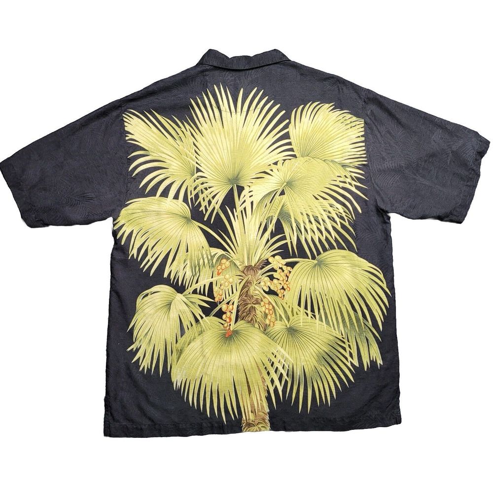 TOMMY BAHAMA 100% Silk BLACK HAWAIIAN  Shirt w/ LARGE Palm Trees on Back Fits XL